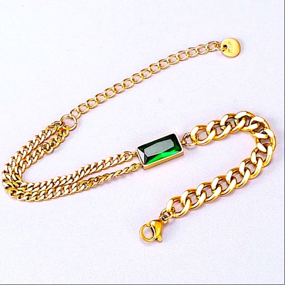 GOLD EMERALD GREEN CHAIN LINK BRACELET - Picture 11 of 14